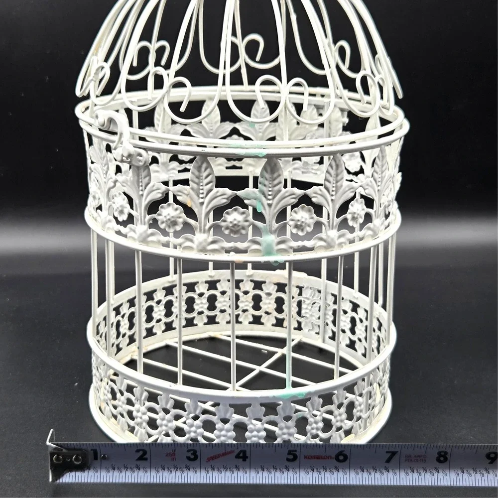 Vintage White Metal Bird‎ Cage with Crystal Clear Bird on Top Cottagecore